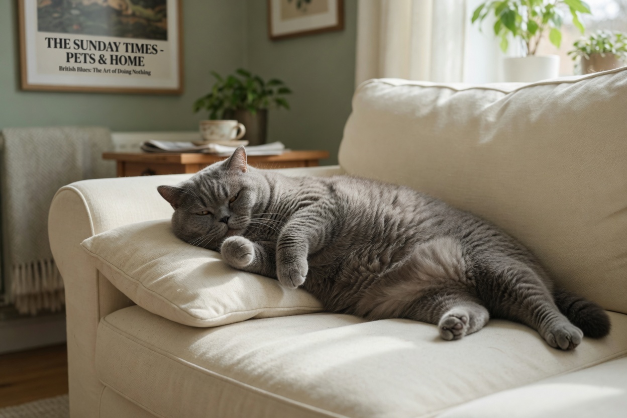 Sedentary overweight British Shorthair cat lounging on a sofa, demonstrating indoor lifestyle and low activity level
