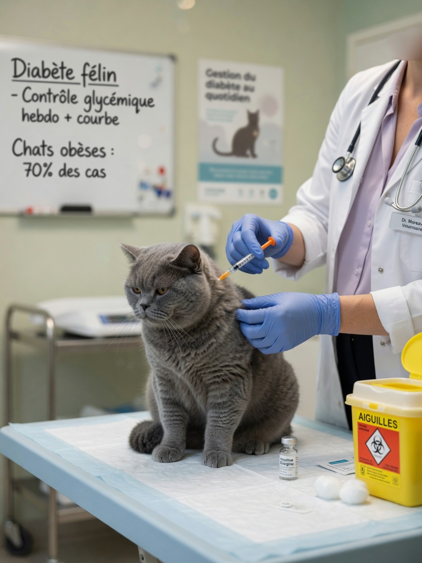 Veterinarian administering insulin injection to an obese British Shorthair cat for diabetes management