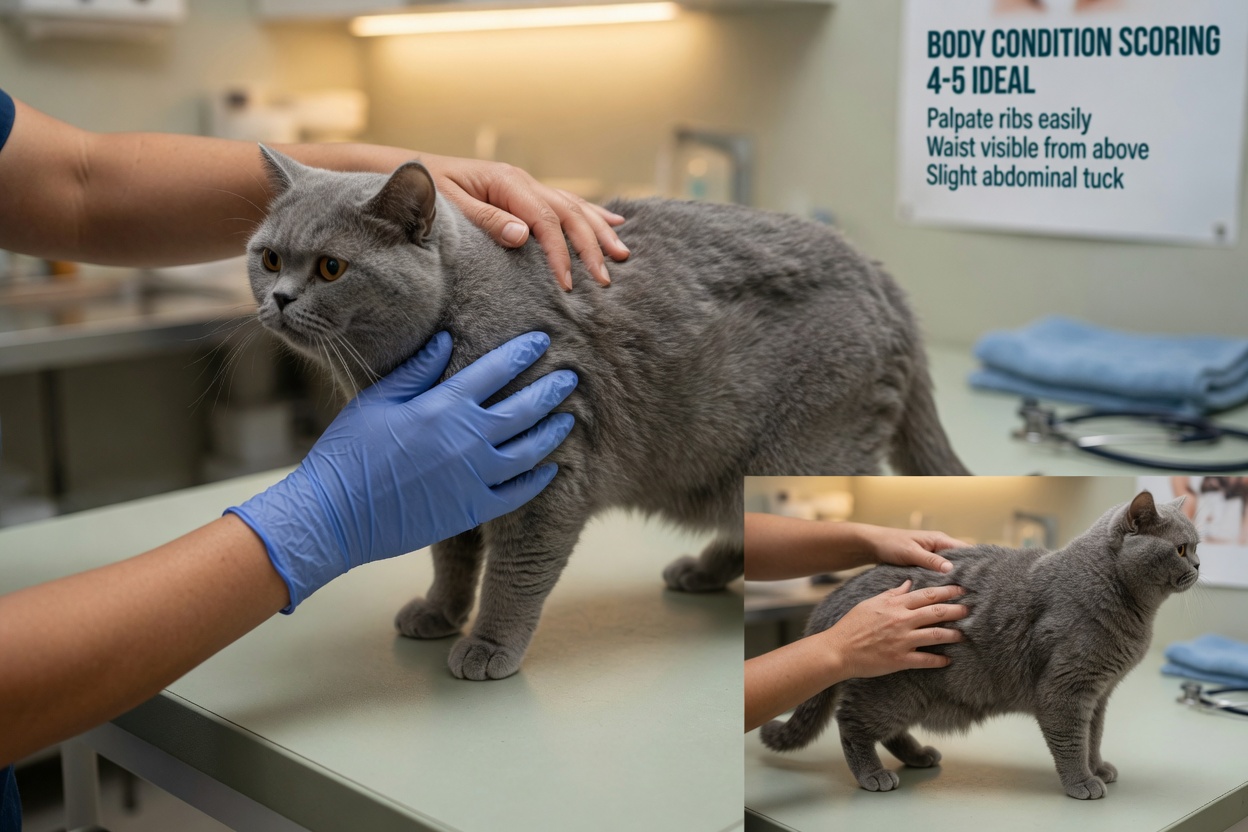 Veterinarian's hands palpating a British Shorthair cat's ribs during body condition scoring assessment on an examination table