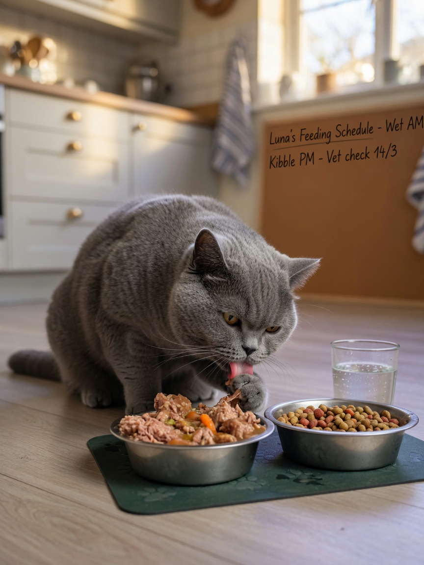 British Shorthair cat eating from bowls containing wet food and dry kibble with a water glass nearby on a kitchen floor