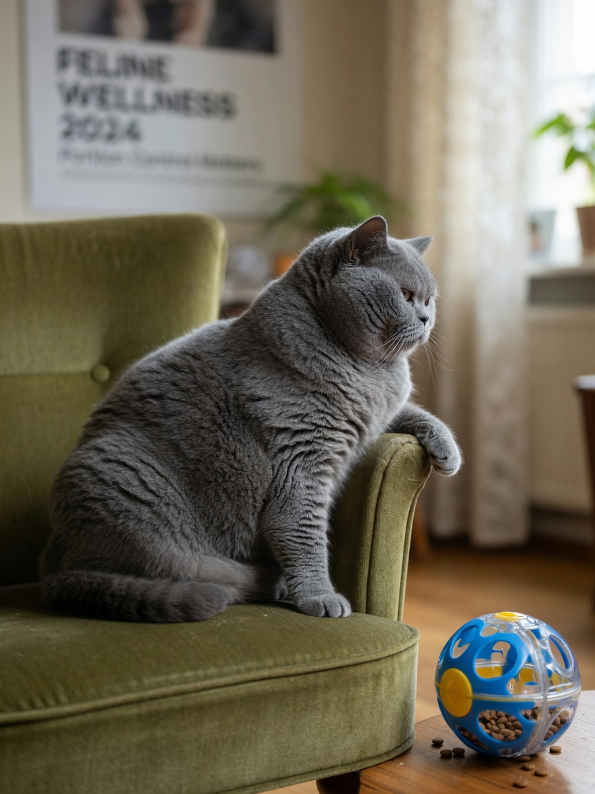 An overweight British Shorthair cat resting sedentarily on a home armchair, showing lack of visible waist definition