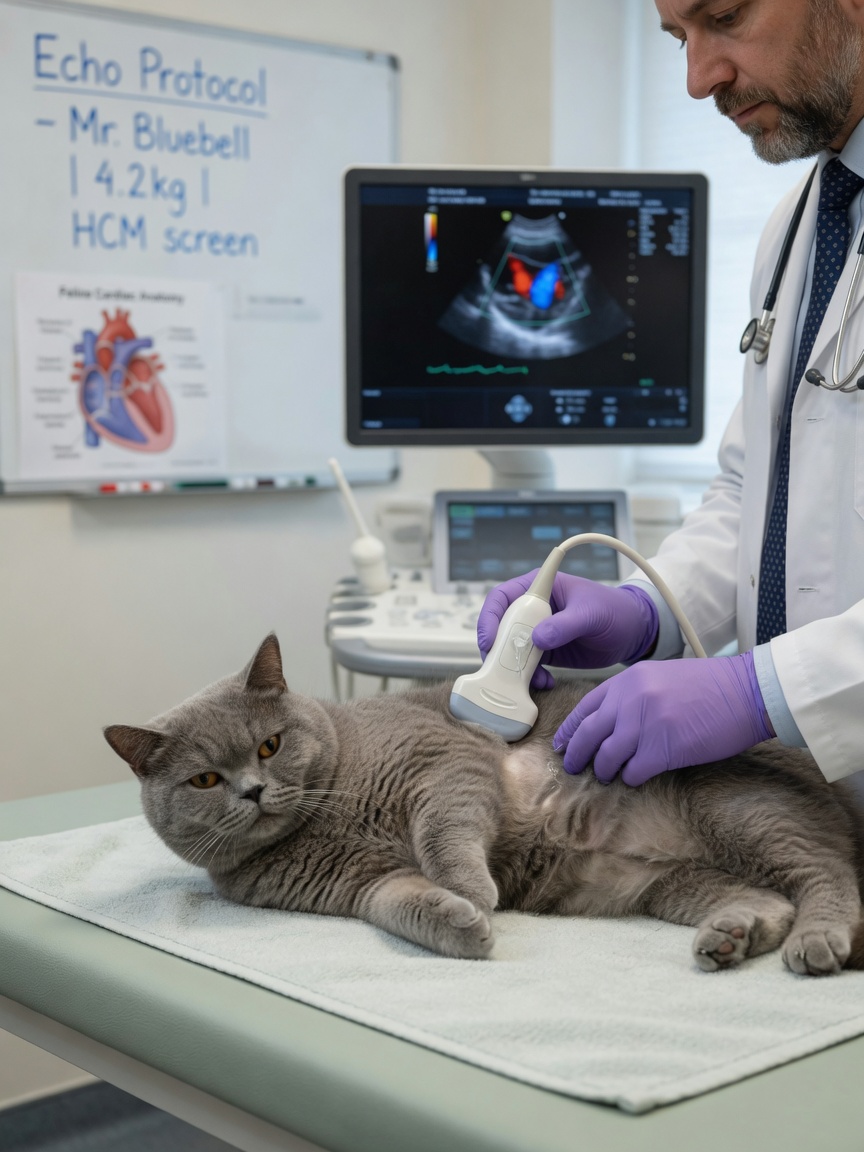 A British Shorthair cat undergoing cardiac ultrasound screening with a veterinary cardiologist