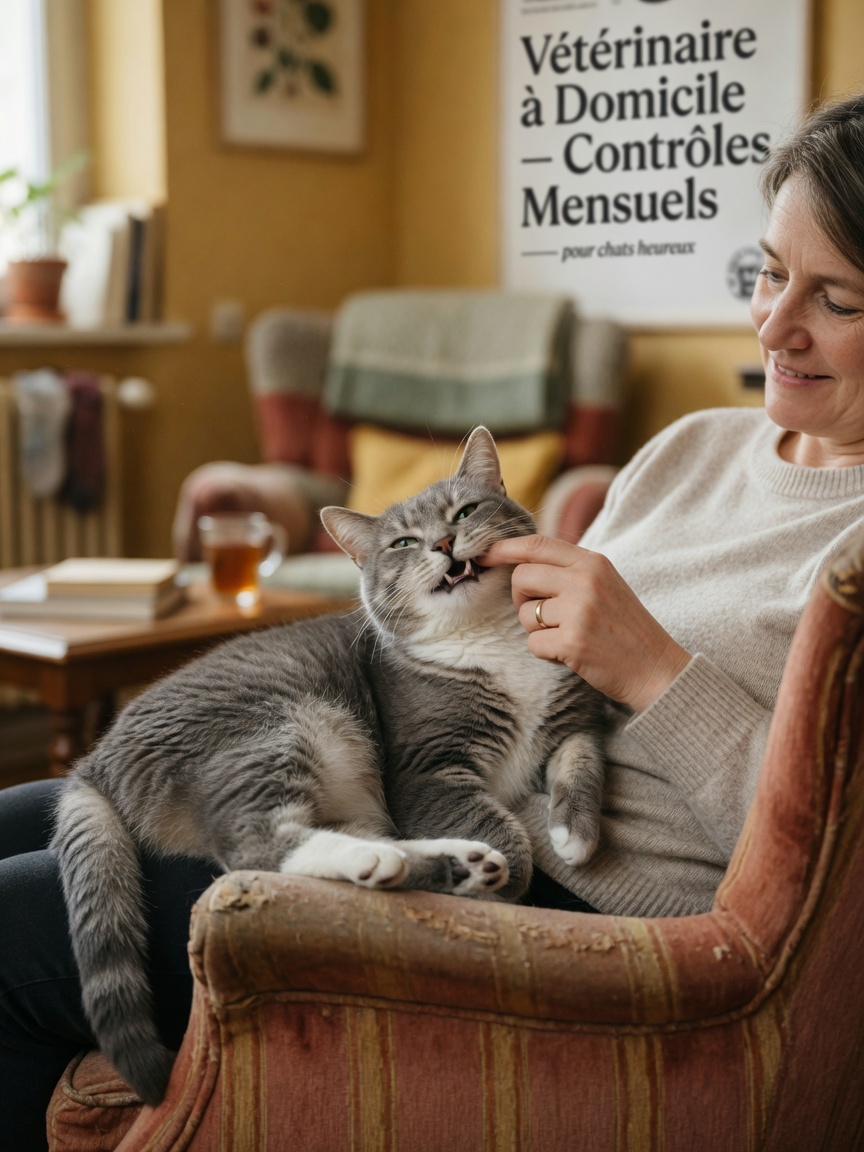 Cat owner gently lifting their relaxed cat's lip during initial mouth handling training on a lap