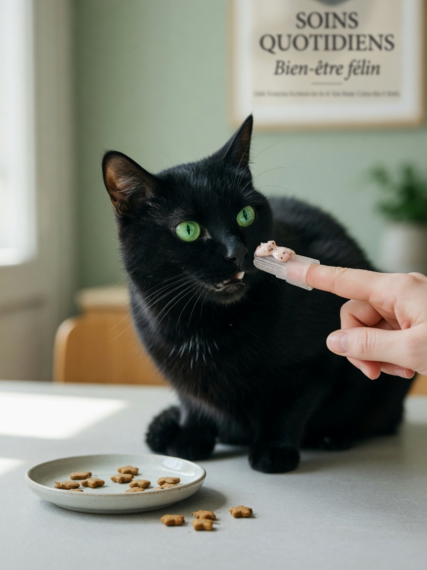 Cat owner using a finger brush with toothpaste on a calm cat's upper back teeth