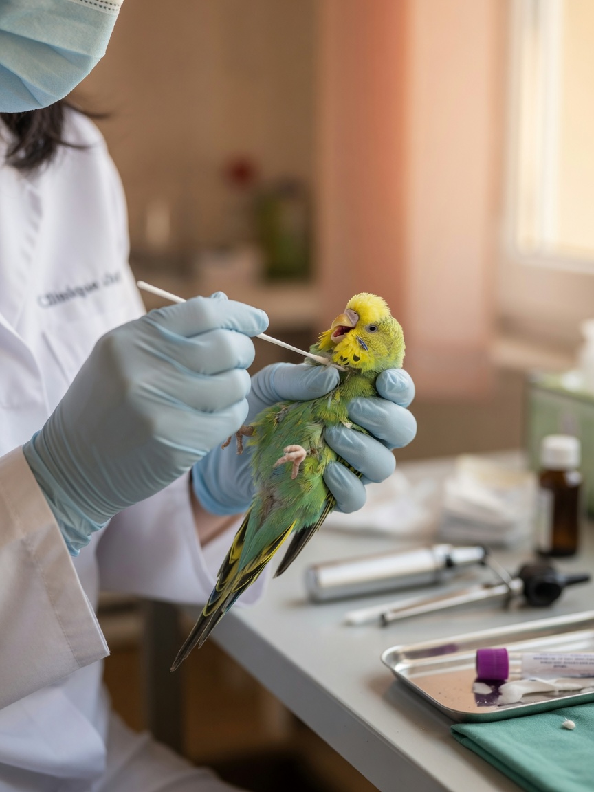 An avian veterinarian gently examining a budgerigar and taking a diagnostic swab sample