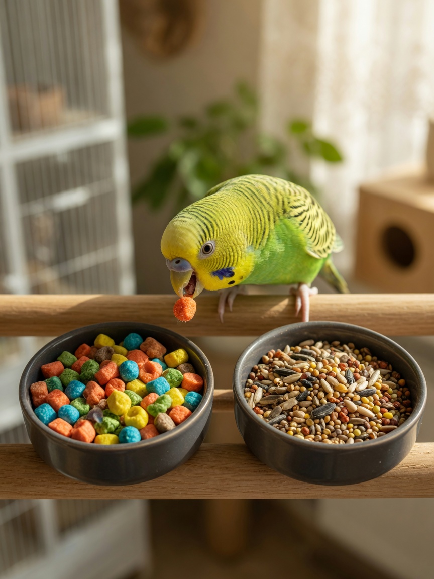 A budgerigar eating from bowls containing pelleted diet food and seed mix side by side