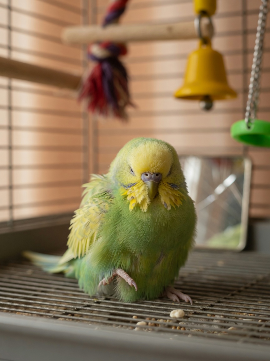 Sick budgerigar with fluffed feathers sitting low on cage floor showing signs of illness