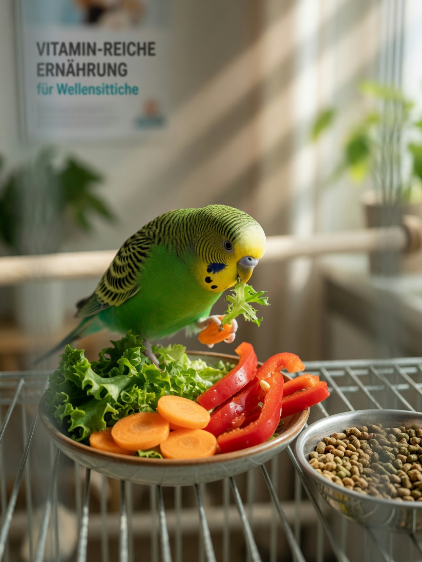 Healthy budgerigar eating fresh vegetables and pellets from a balanced diet in its cage