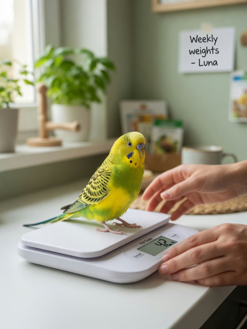 A budgerigar standing on a digital scale for weekly weight monitoring at home
