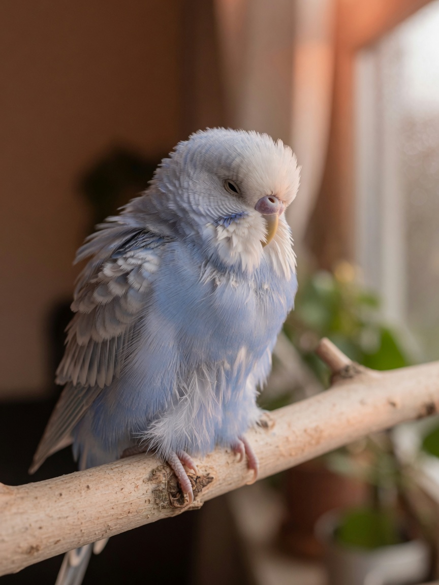 A lethargic budgerigar with fluffed feathers showing signs of illness and weight loss