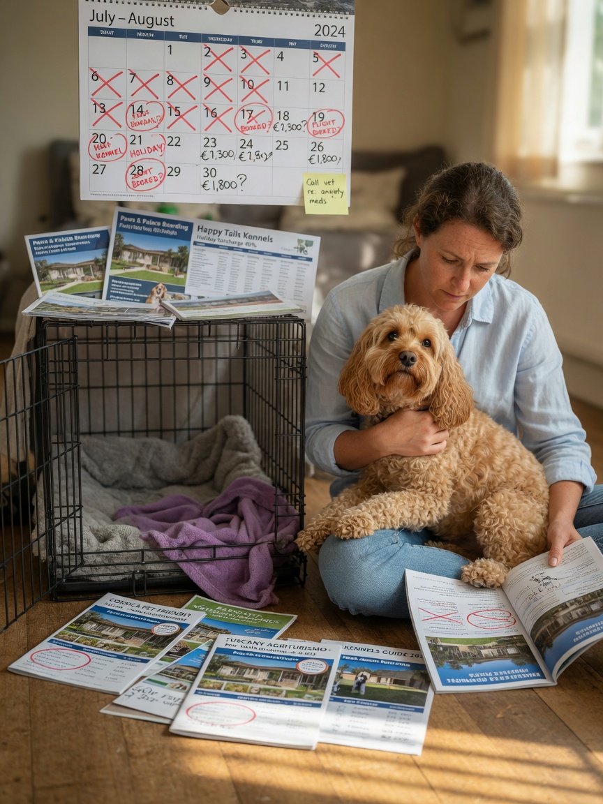 Pet owner with Cockerpoo surrounded by holiday planning materials and boarding kennels