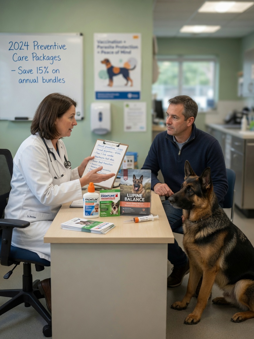 Veterinarian discussing preventive healthcare costs with owner and German Shepherd