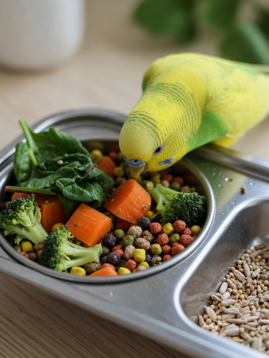 Periquito comendo pellets com vegetais frescos incluindo cenoura, brócolos e folhas verdes em tigela de comida