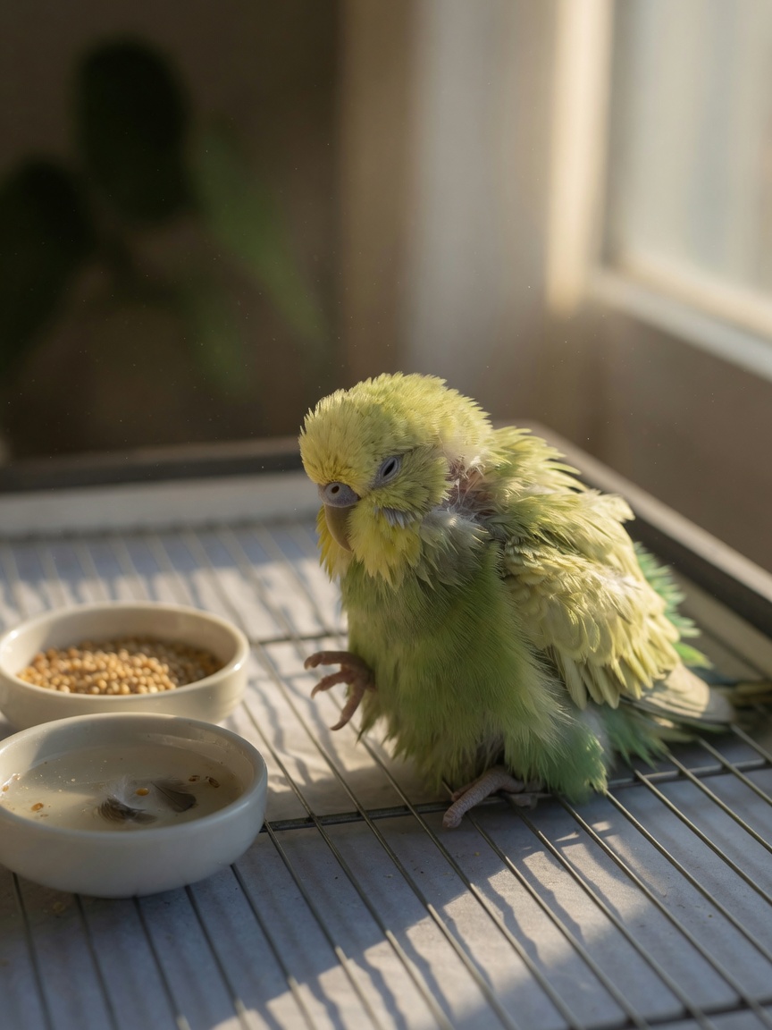 Sick budgerigar with ruffled feathers sitting lethargically on cage floor showing signs of advanced illness
