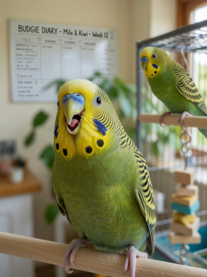 A male budgerigar with blue cere perched and vocalizing, showing engaged posture during communication.