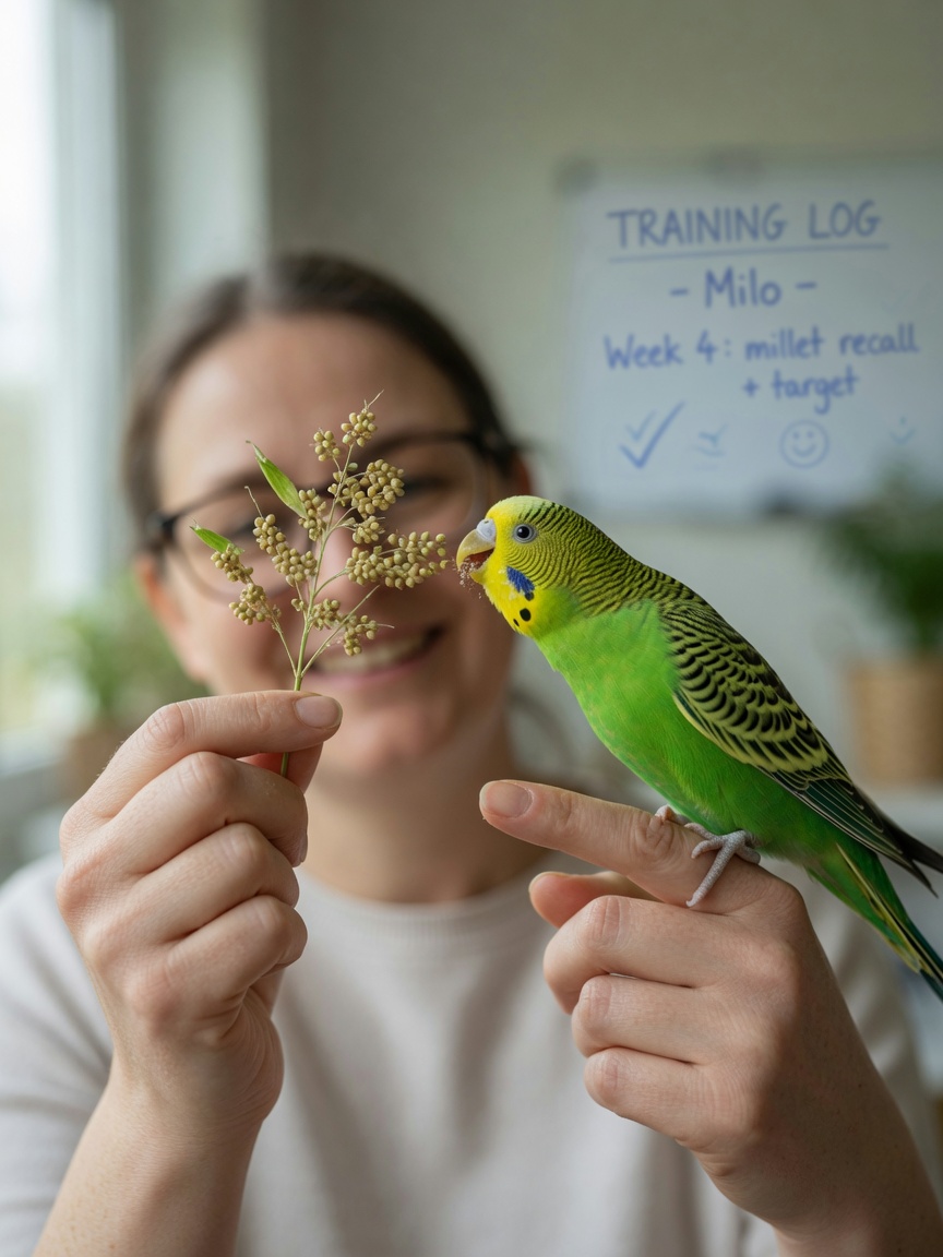 A budgerigar on a person's finger being offered millet spray as a training reward during a positive reinforcement session.