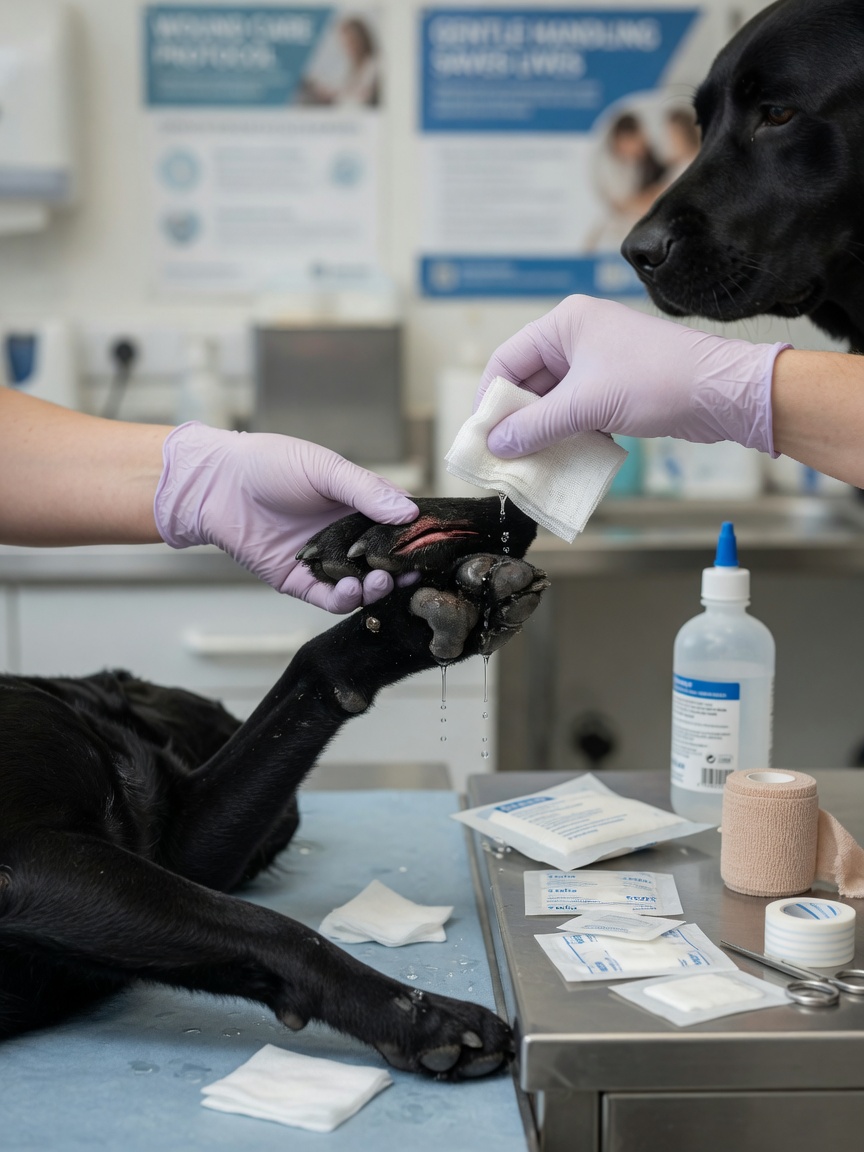 Veterinarian's gloved hands cleaning a dog's paw wound with sterile saline and gauze, with wound care supplies arranged on treatment table