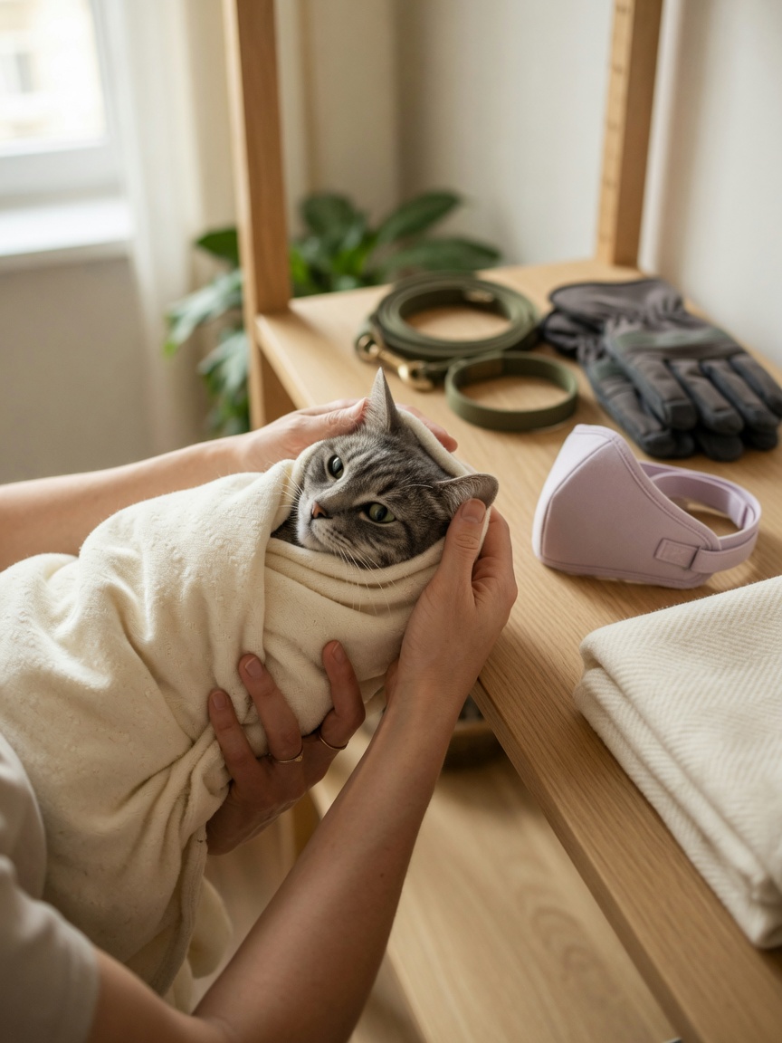 Grey tabby cat gently wrapped in cream blanket being held by owner, with restraint supplies including lead, collar, muzzle and gloves displayed on shelf nearby