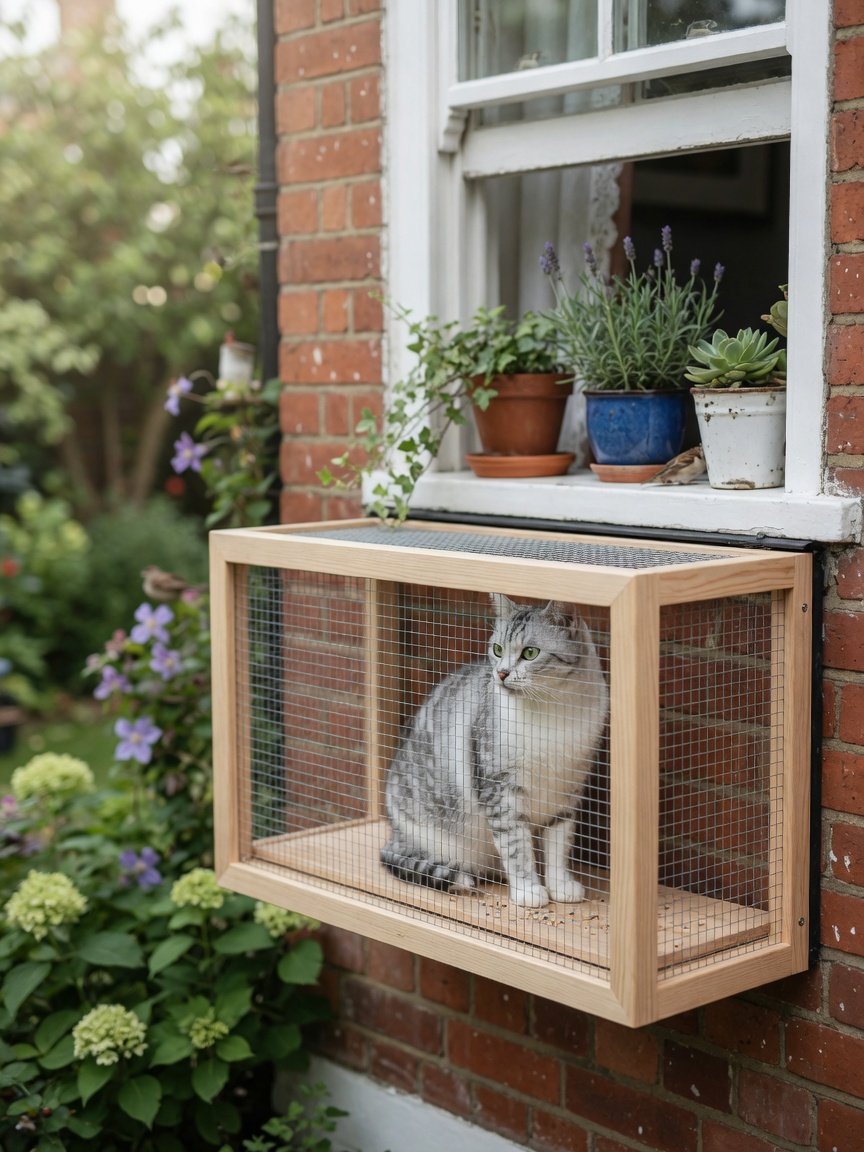 White and grey cat resting in a compact window box catio made of timber and mesh, attached to a brick house window