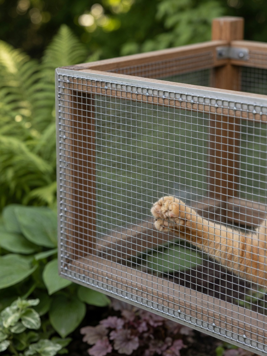 Close-up of robust welded wire mesh with a cat's paw touching it from inside, showing safe finished edges and proper gauge construction