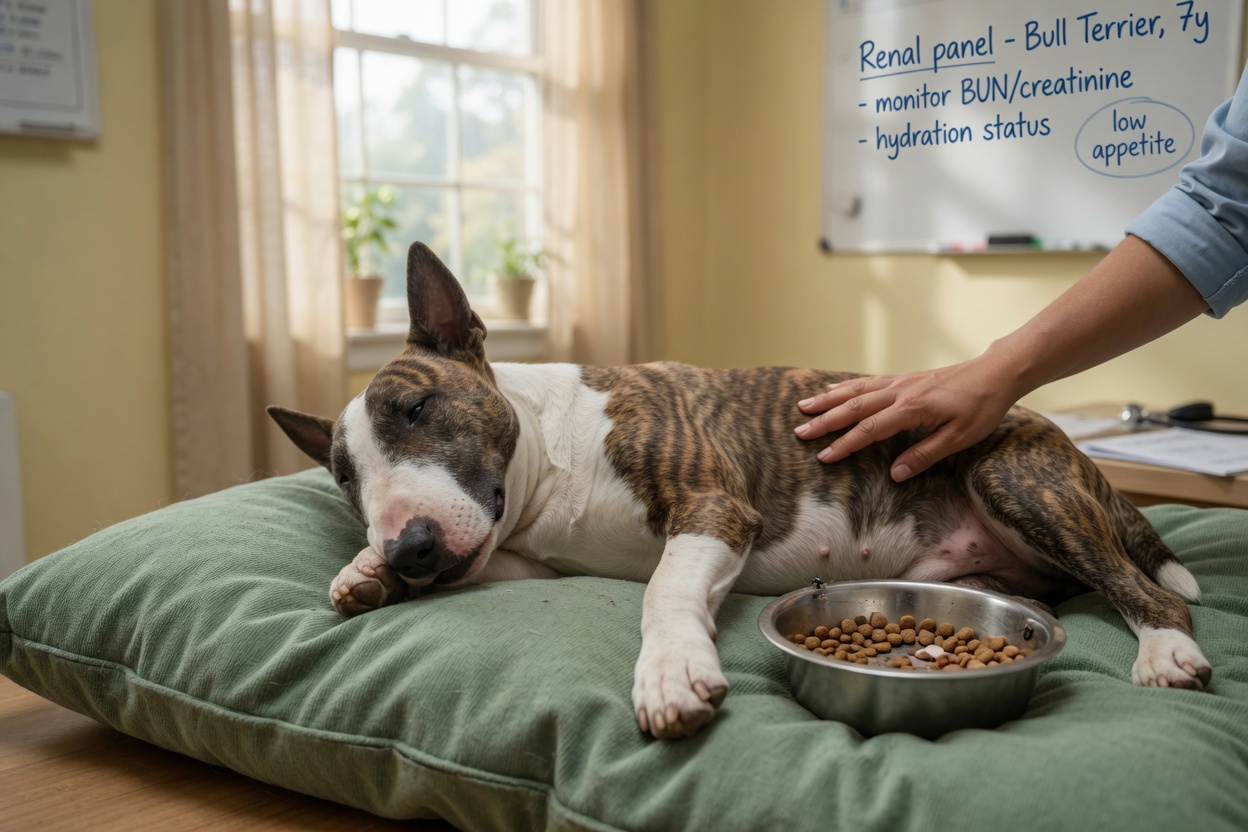Lethargic Bull Terrier with signs of kidney disease, veterinary examination underway