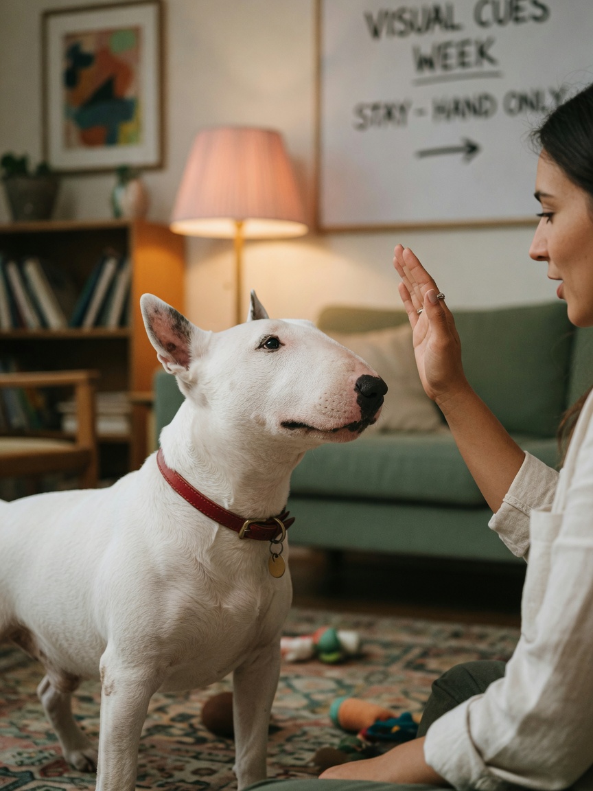 Deaf white Bull Terrier responding to hand signal communication from owner