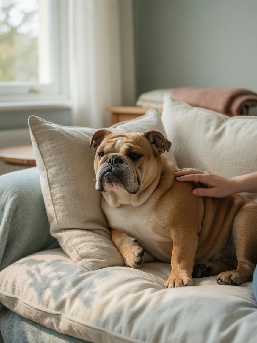 Healthy Bulldog resting peacefully on cushions in a comfortable position after exercise