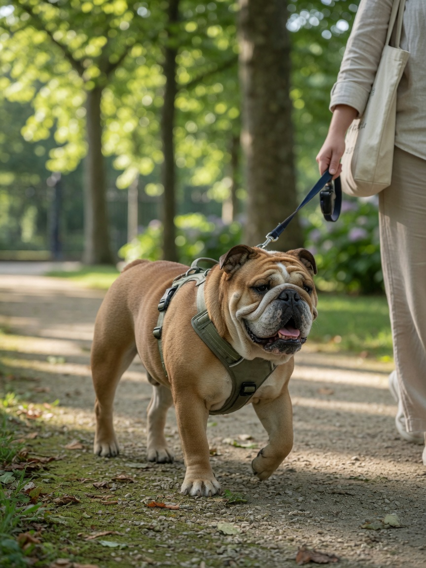 Bulldog on a gentle morning walk with owner using a harness in cool, shaded conditions