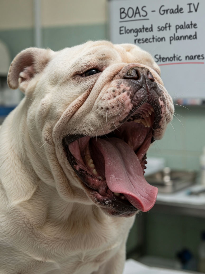 Bulldog com respiração laboriosa e desconforto respiratório causado por BOAS
