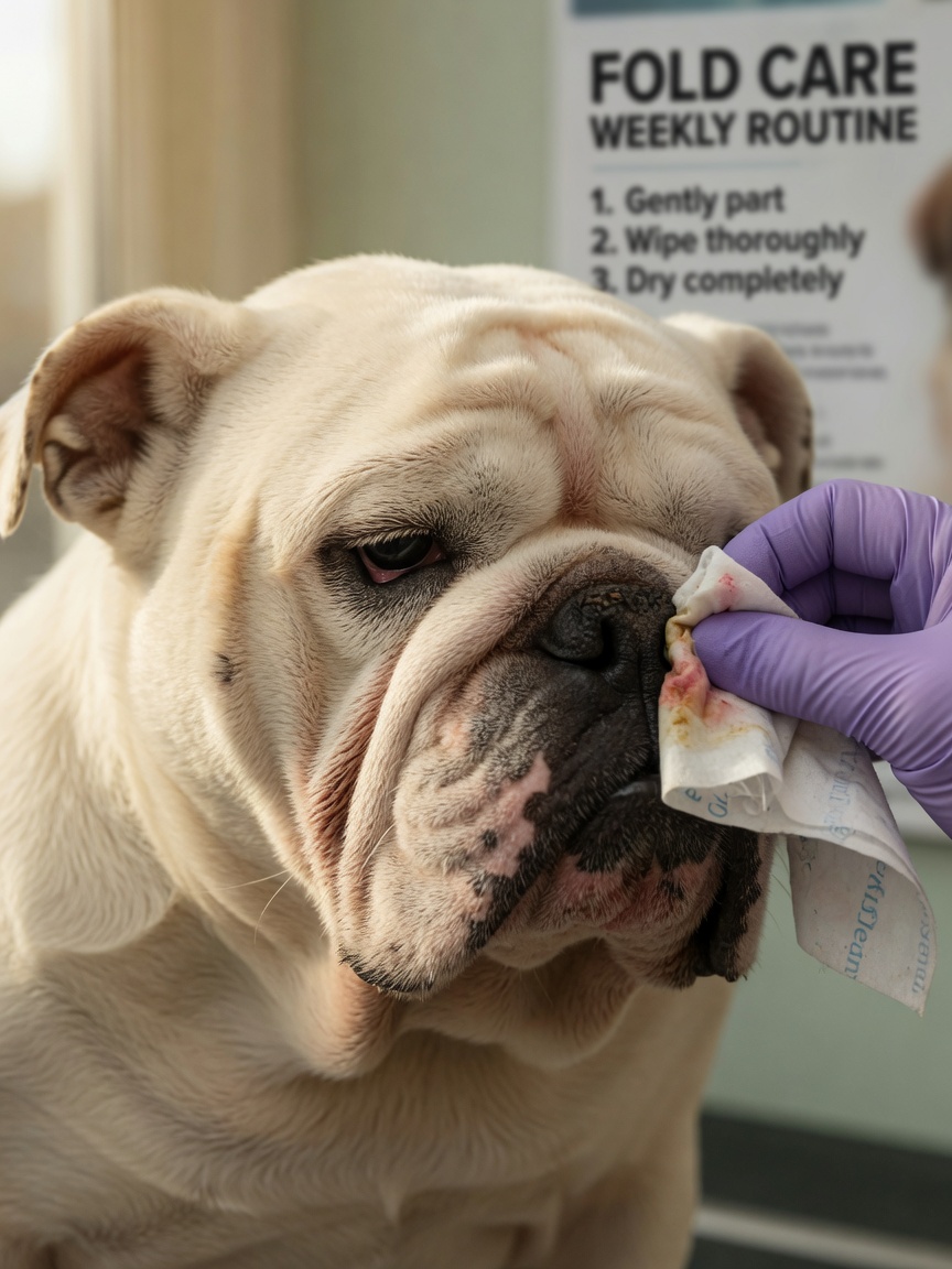 Veterinary professional cleaning inflamed skin folds on English Bulldog's face with gentle technique