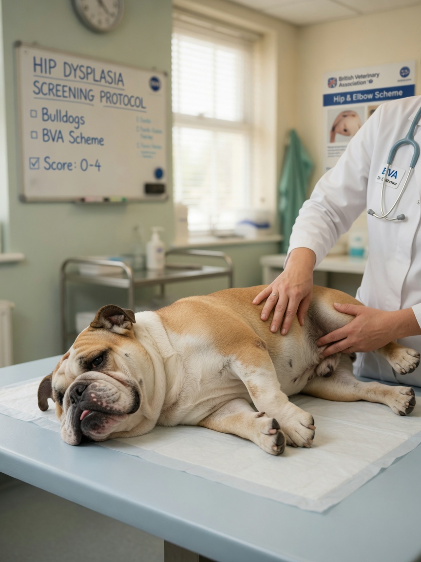 English Bulldog undergoing hip joint examination by veterinarian on examination table