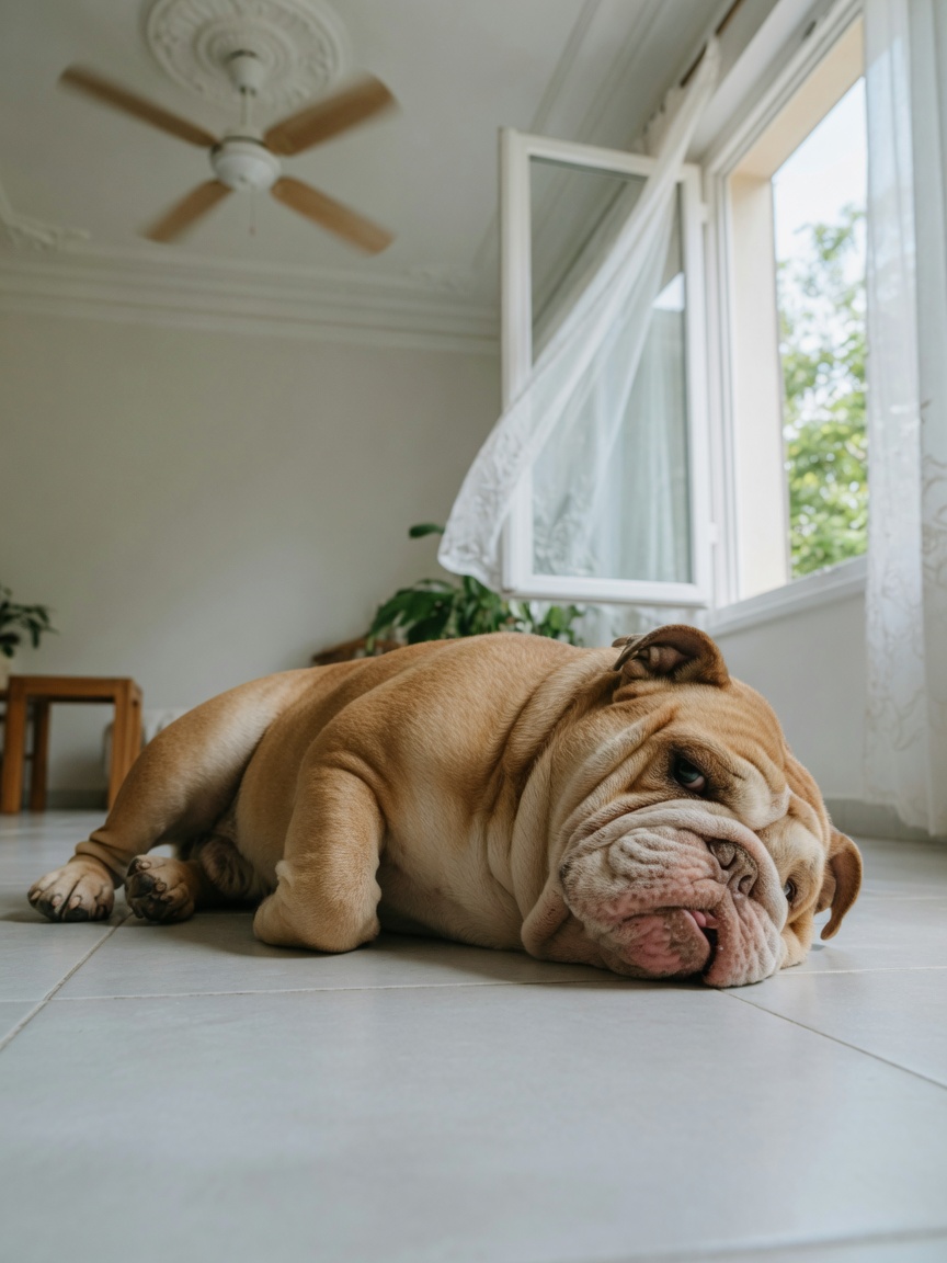 English Bulldog resting comfortably in a cool, well-ventilated room with natural light