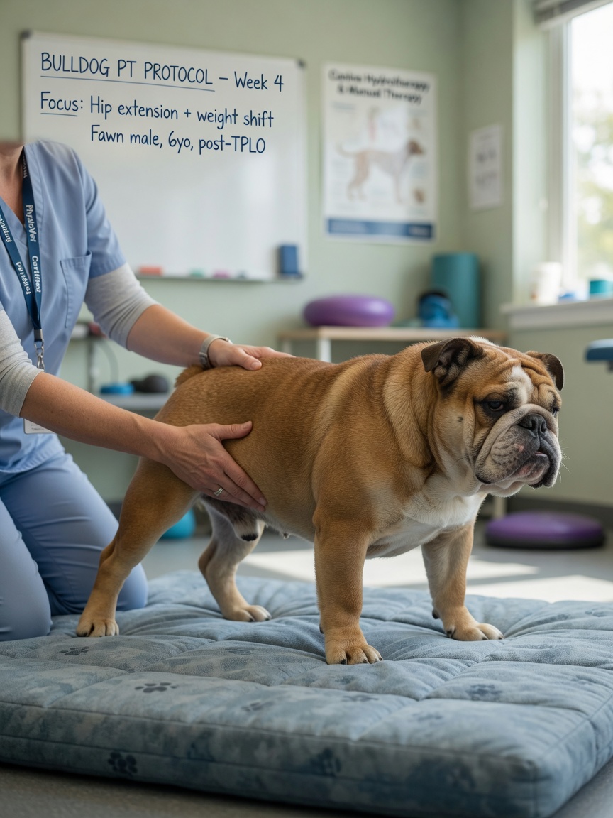 English Bulldog undergoing physiotherapy treatment for hip dysplasia with a canine therapist