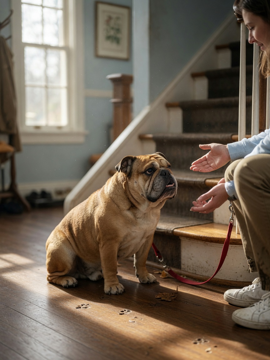 A Bulldog showing hesitation and stiffness when approaching stairs, demonstrating early signs of hip dysplasia