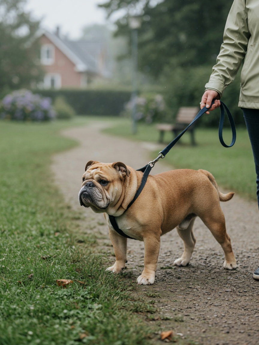 A Bulldog on a controlled, gentle walk with its owner in a park, demonstrating appropriate low-impact exercise management
