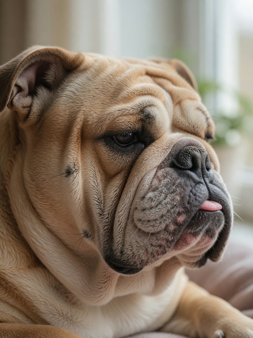 Close-up of healthy Bulldog face showing characteristic skin folds and wrinkled anatomy