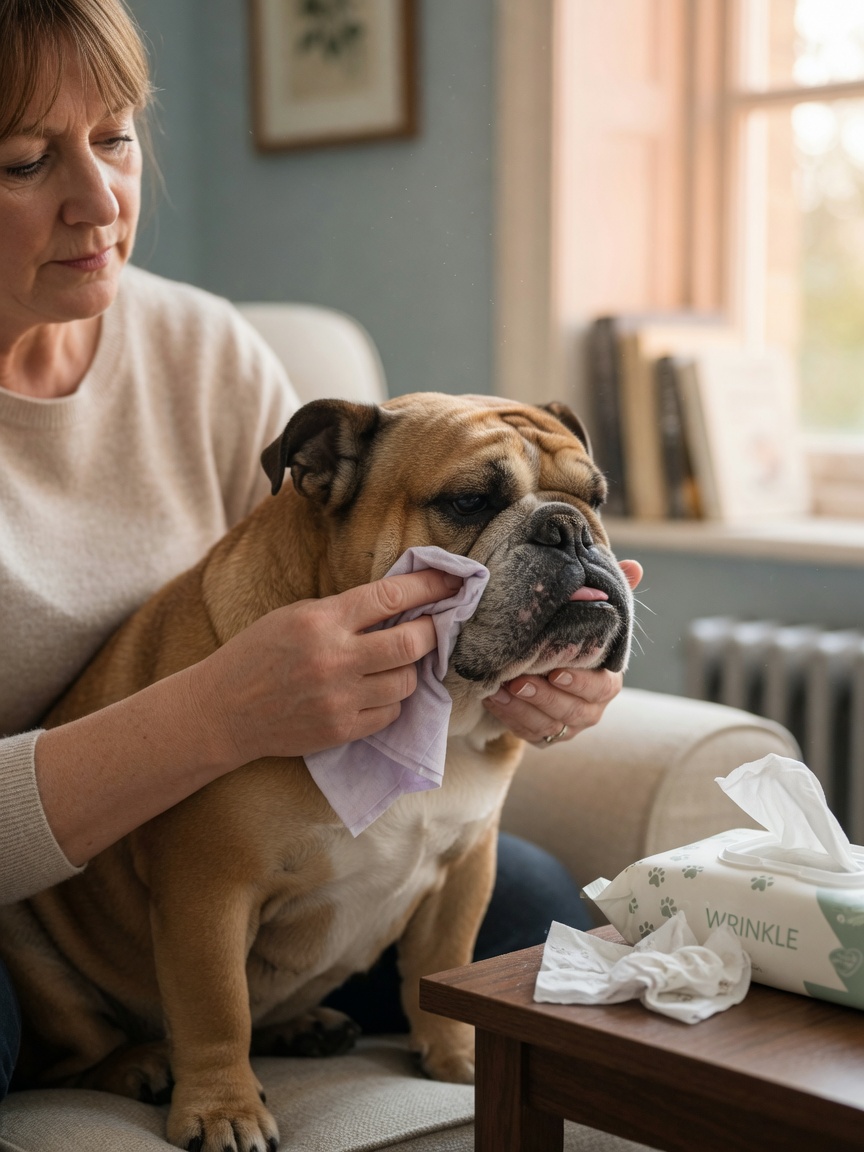 Bulldog owner performing gentle daily fold cleaning routine with medicated wipe at home