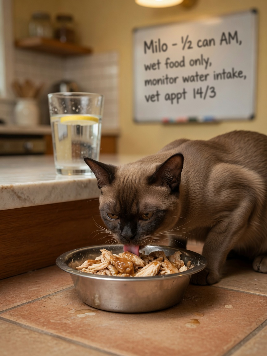 Sable Burmese cat eating appropriate low-carbohydrate wet diet with water bowl visible, emphasizing diabetes prevention nutrition