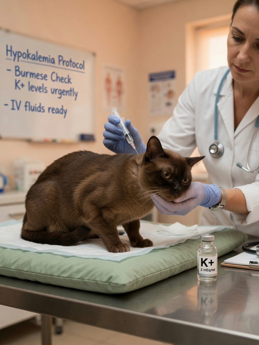 Gato Birmano a sofrer fraqueza muscular a ser examinado por um veterinário com suplemento de potássio próximo