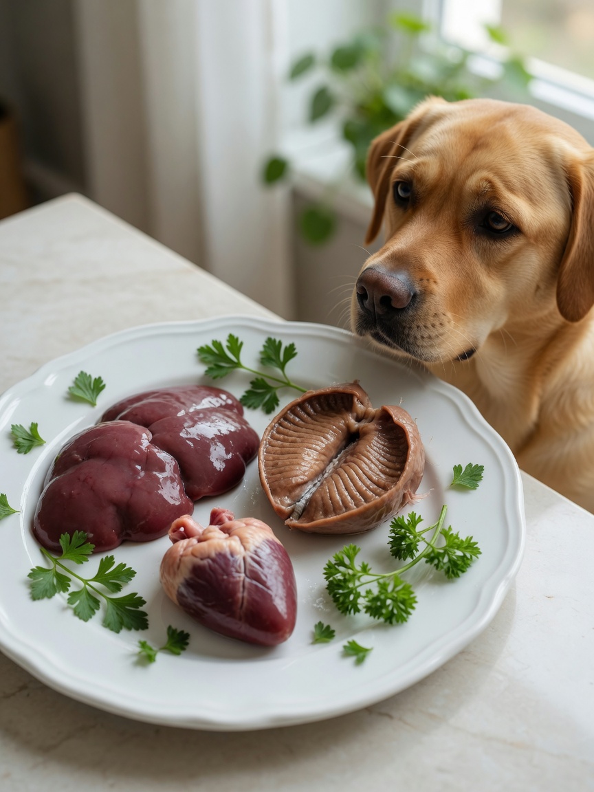 Raw chicken liver, gizzard, and heart on white plate with dog watching, natural light emphasizing ingredient quality