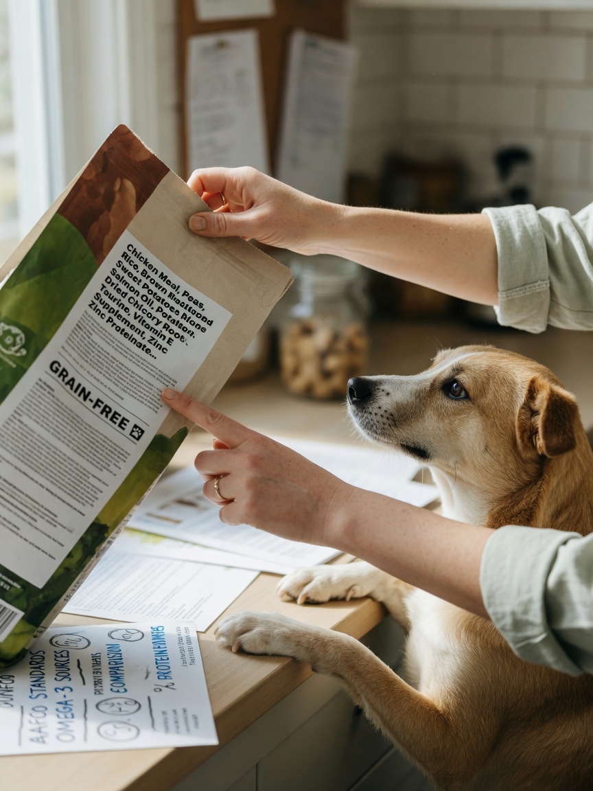 Woman's hands examining dog food bag label with attentive dog beside her in bright kitchen
