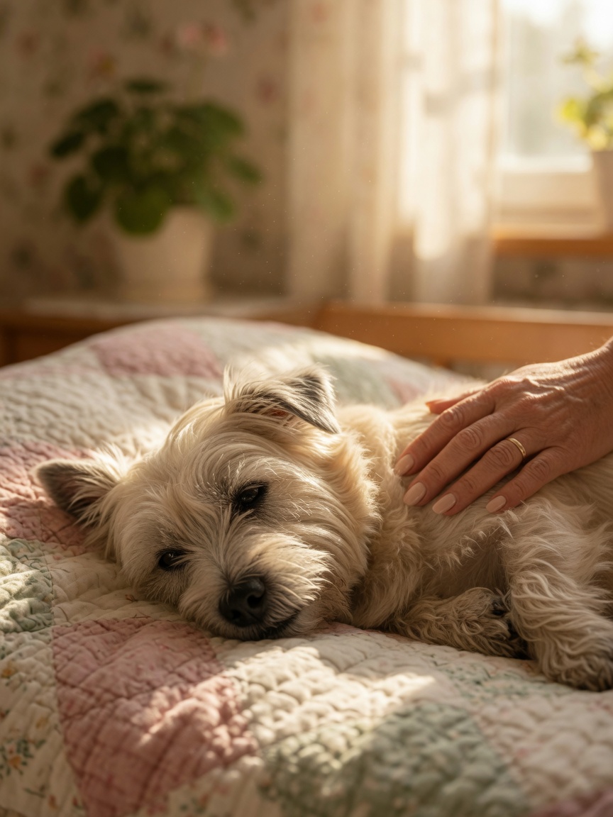 Älterer Cairn Terrier ruht friedlich mit der Hand des Besitzers sanft auf der Schulter im warmen Licht