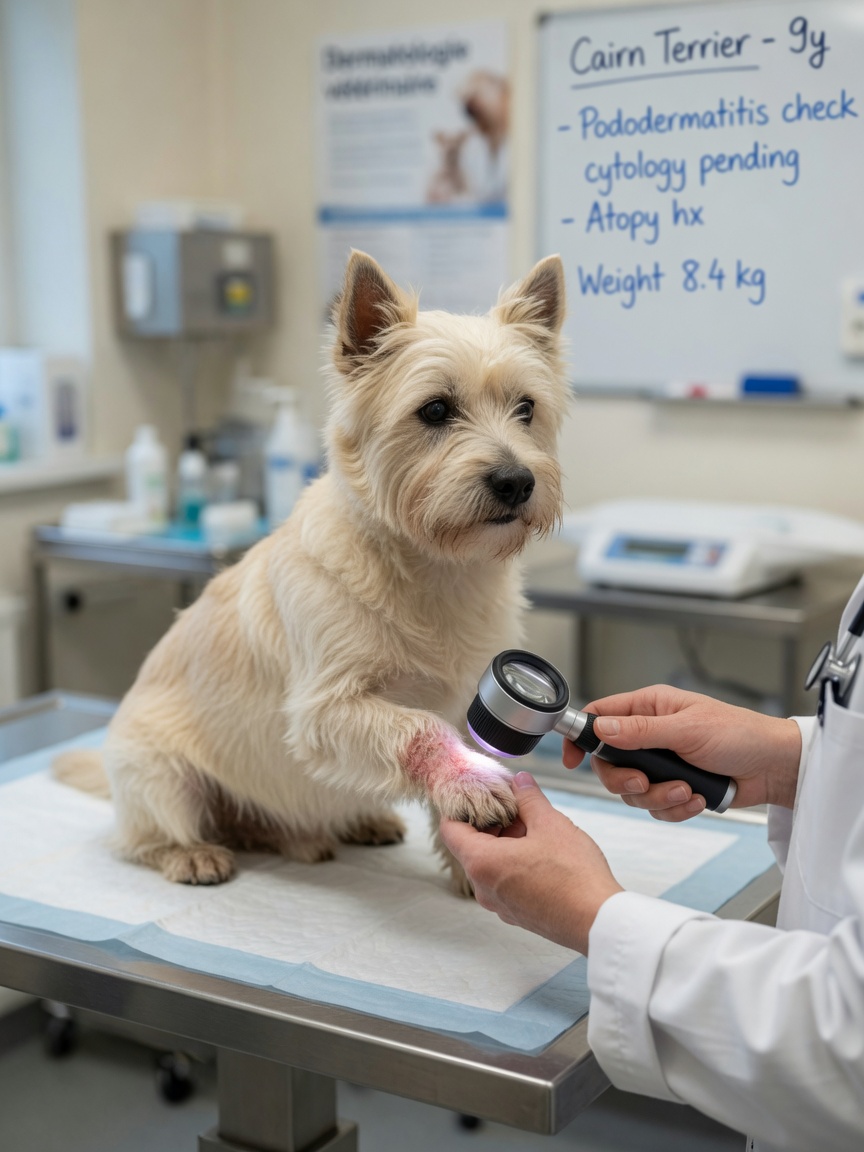 Cairn Terrier wird von einem Tierarzt dermatologisch untersucht und die Pfotenhaut inspiziert