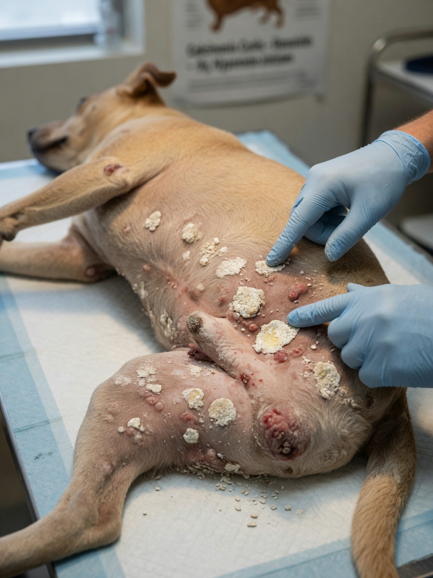 Dierenartsenonderzoek van calcinosis cutis laesies in lies- en ventrale buikgebied met ontstekingsproeven en calciumafzettingen