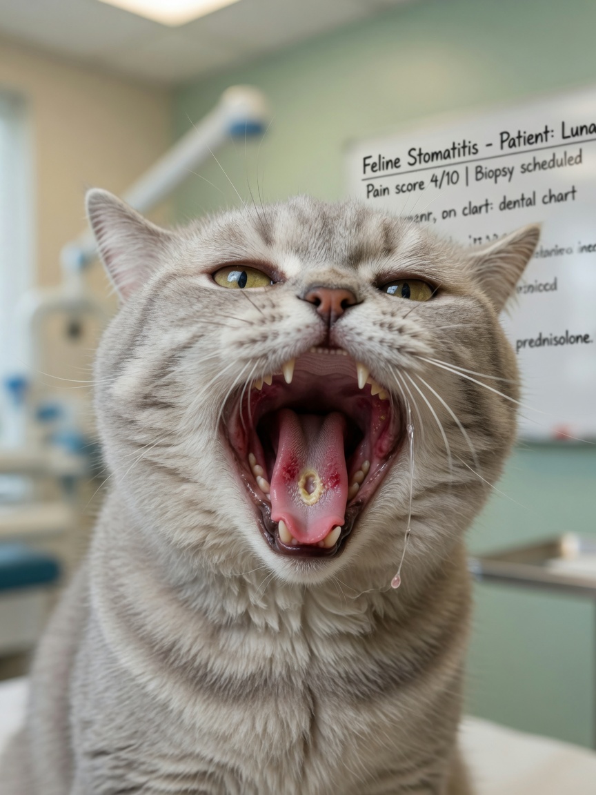 Close-up of cat's mouth showing oral ulceration from calicivirus infection