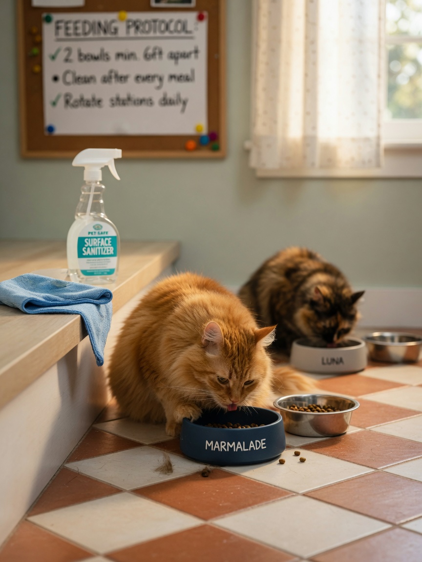 Two separate feeding bowls in kitchen demonstrating hygiene management for calicivirus carrier cats