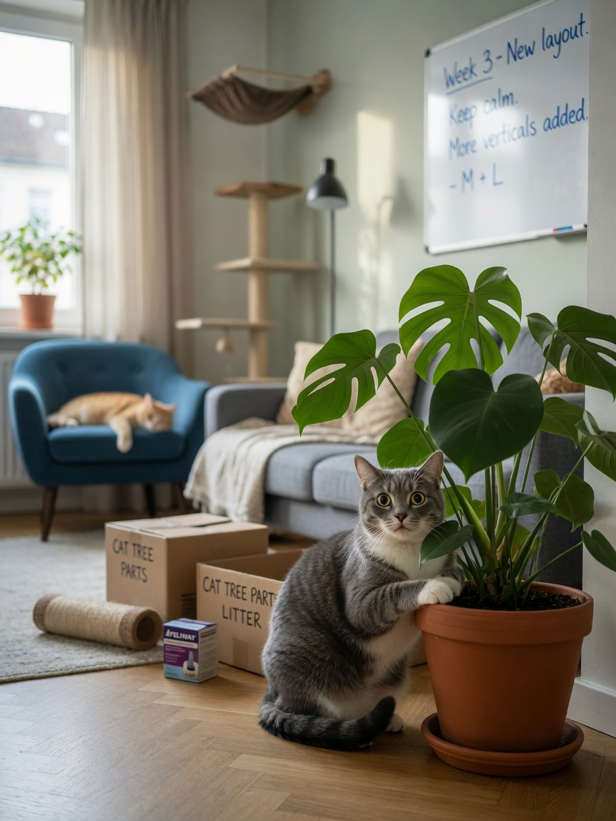 Anxious cat hiding behind plant showing stress from environmental triggers in busy household