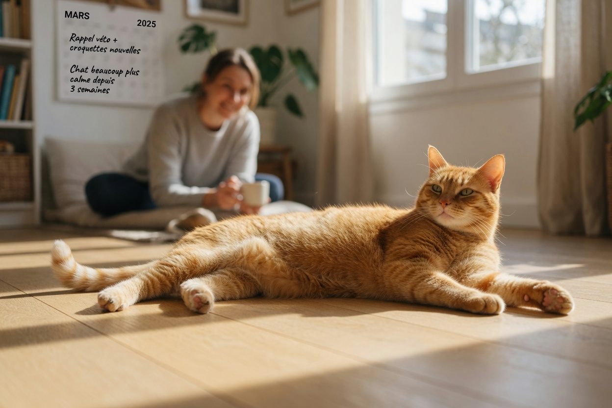 Content tabby cat showing relaxed alertness and social engagement in sunlit environment