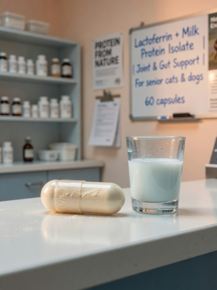 Capsula di integratore calmante veterinario accanto a un bicchiere di latte su banco clinico