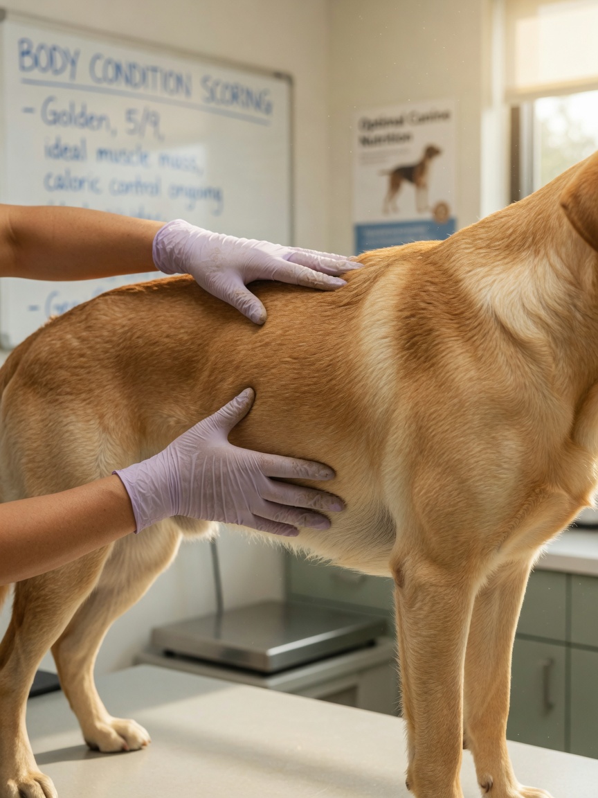 Veterinário realizando avaliação de condição corporal em um Labrador Retriever dourado saudável, mostrando costelas visíveis mas apropriadas e definição muscular magra ilustrando ingestão calórica óptima.